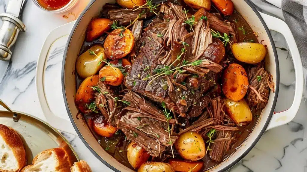A beautifully cooked pot roast with vegetables on a plate.