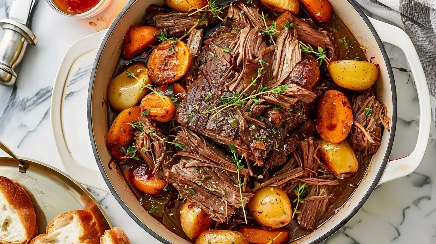 A beautifully cooked pot roast with vegetables on a plate.
