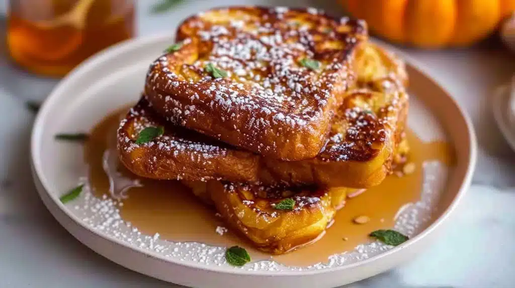 Slice of Pumpkin Spice French Toast topped with whipped cream and autumn spices.
