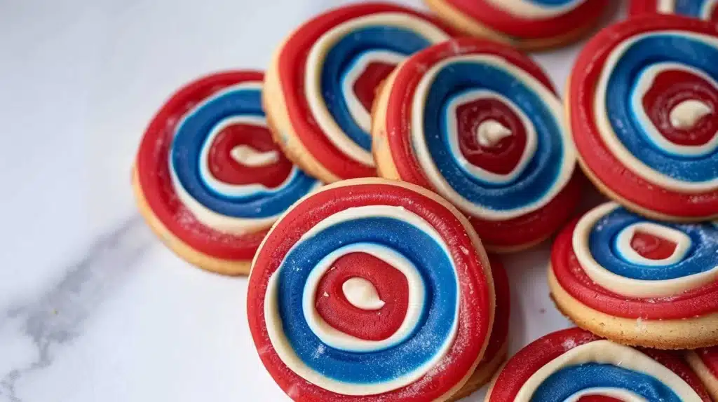 Red, White and Blue Pinwheel Icebox Cookies displayed on a festive plate