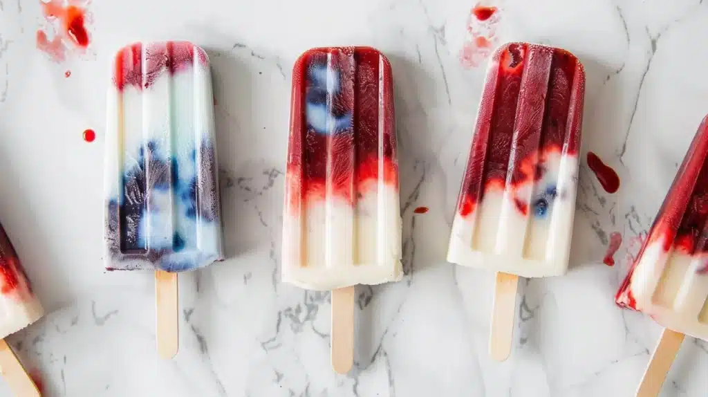 Delicious Red White and Blue Popsicles made with fresh fruits for summer fun