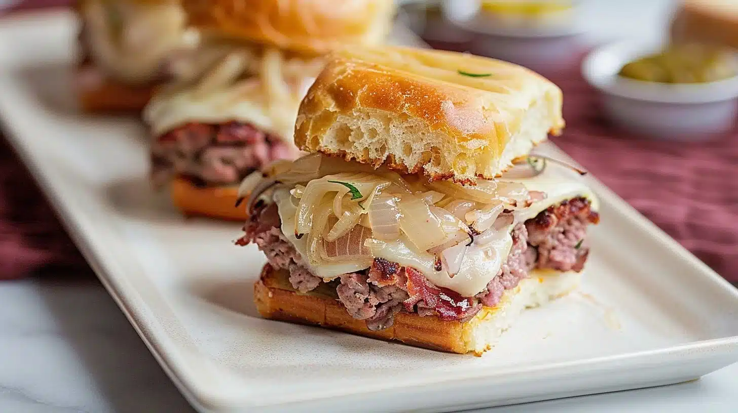 Delicious Reuben Sliders with corned beef, sauerkraut, and Swiss cheese