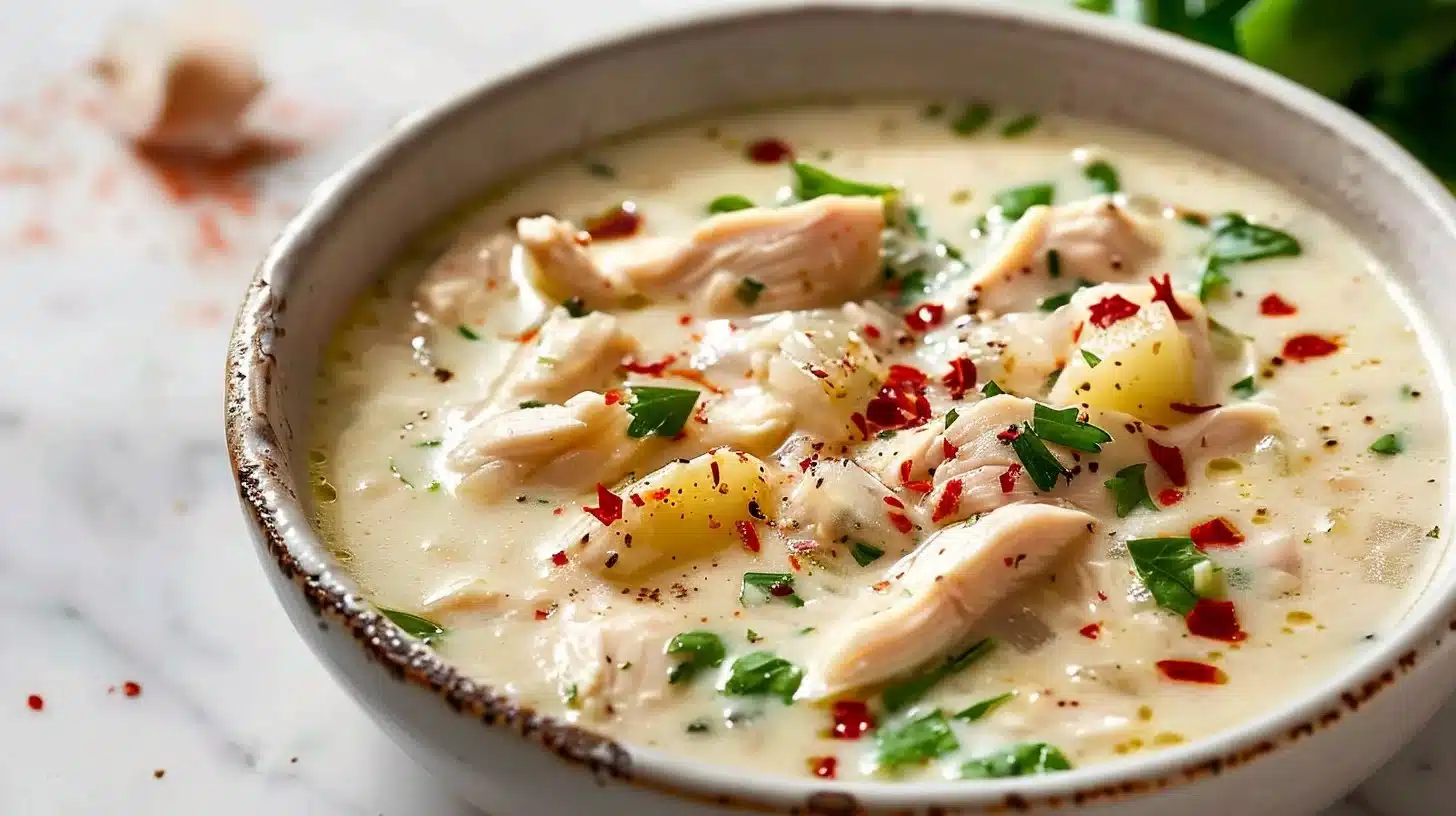 Bowl of rich and creamy Marry Me Chicken soup garnished with herbs.