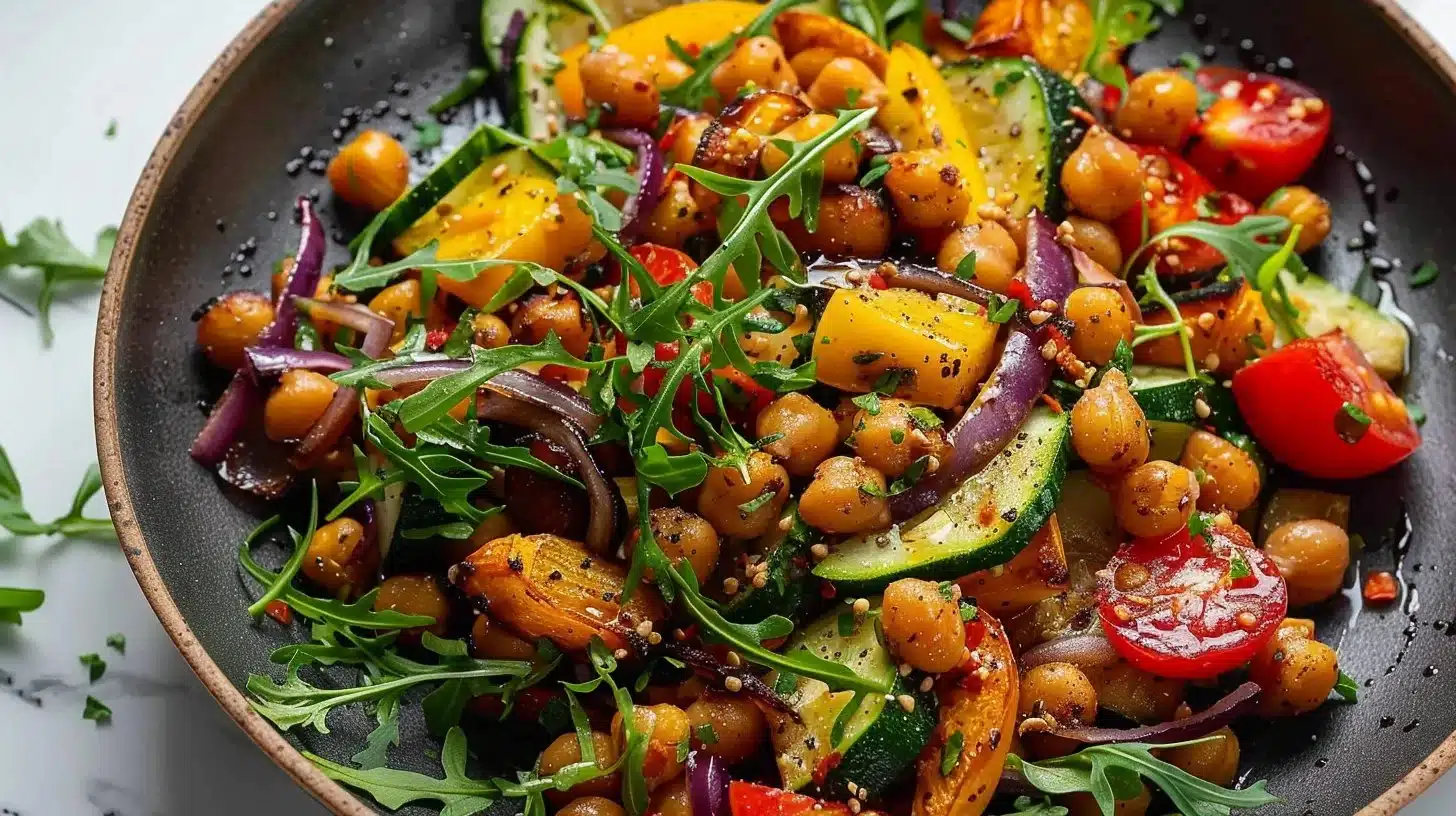 Roasted veggie salad with crispy chickpeas and colorful vegetables