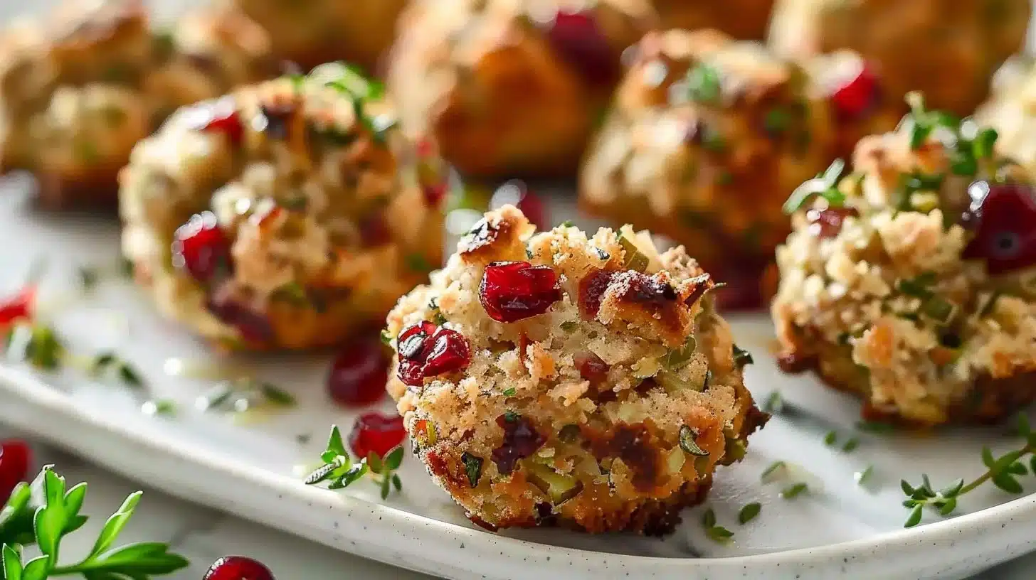 Savory cranberry turkey stuffing bites served on a festive platter