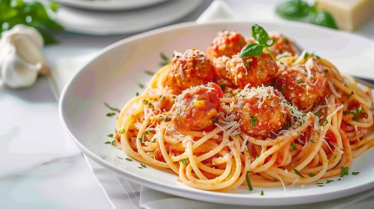 Plate of seafood spaghetti with salmon meatballs garnished with herbs.