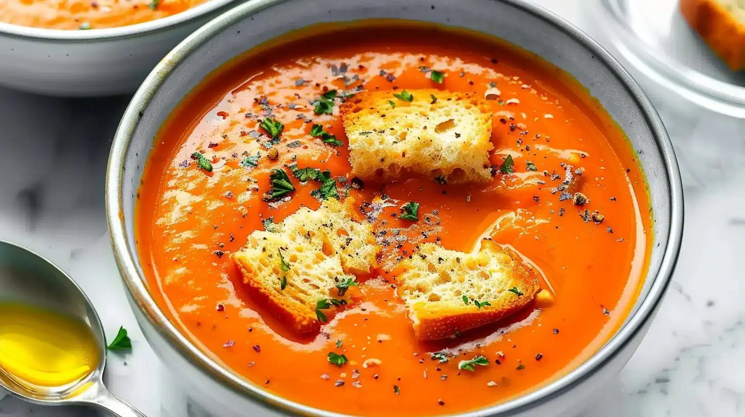 A bowl of freshly made sheet pan soup with vibrant vegetables and broth.