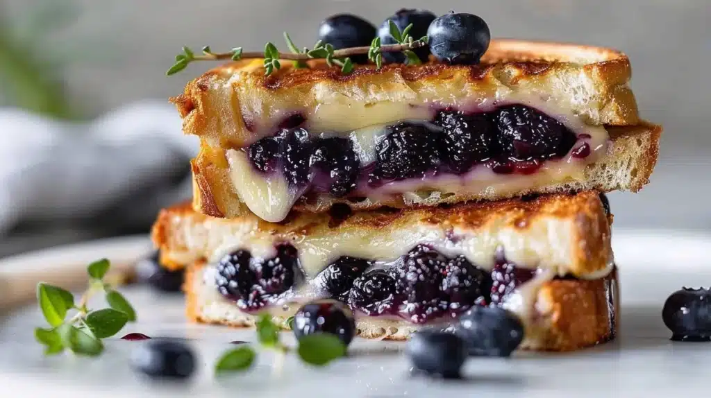 Sweet and savory blueberry grilled cheese sandwich with melted cheese and blueberries.