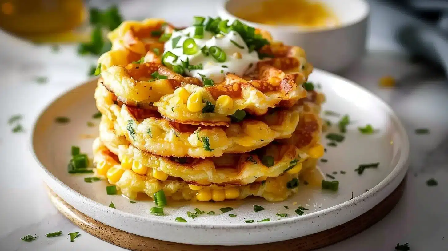 Delicious sweet corn fritter breakfast stacks topped with fresh ingredients