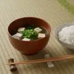Bowl of traditional Japanese miso soup with tofu and seaweed