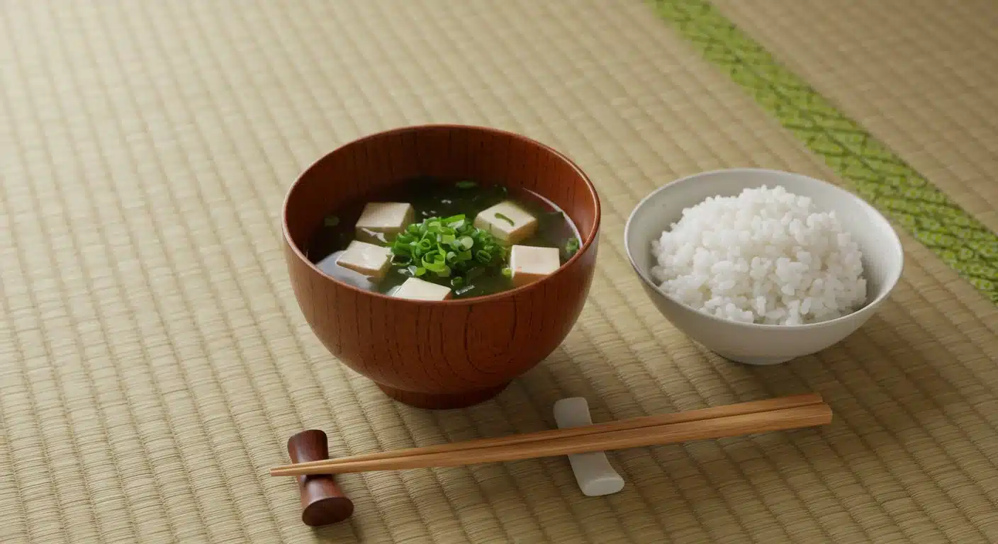 Bowl of traditional Japanese miso soup with tofu and seaweed