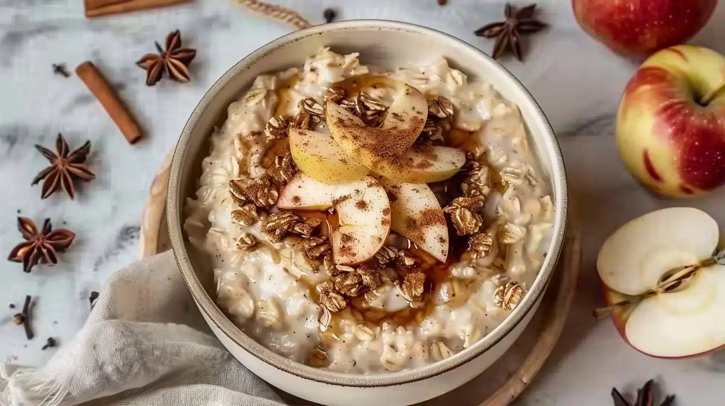 Bowl of Apple Cinnamon Porridge topped with fresh apples and cinnamon