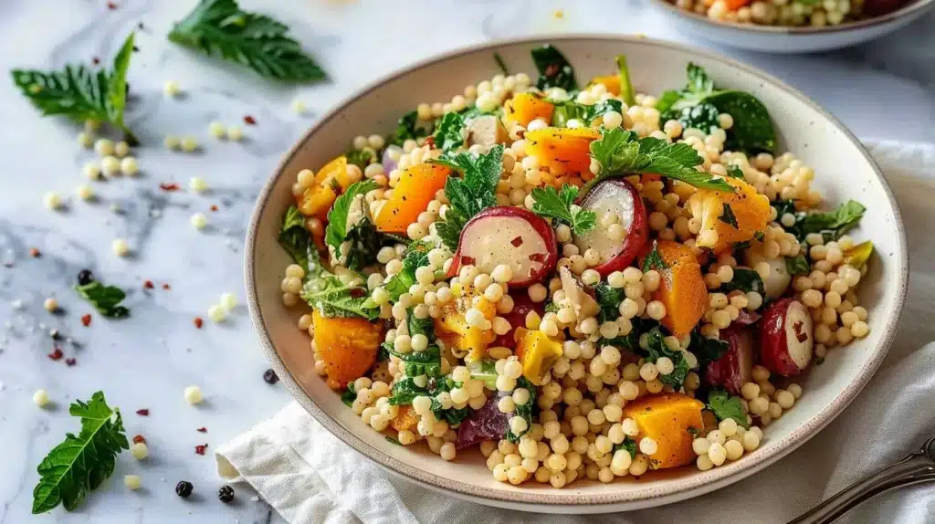 Autumn Pearl Couscous Salad with roasted vegetables and herbs