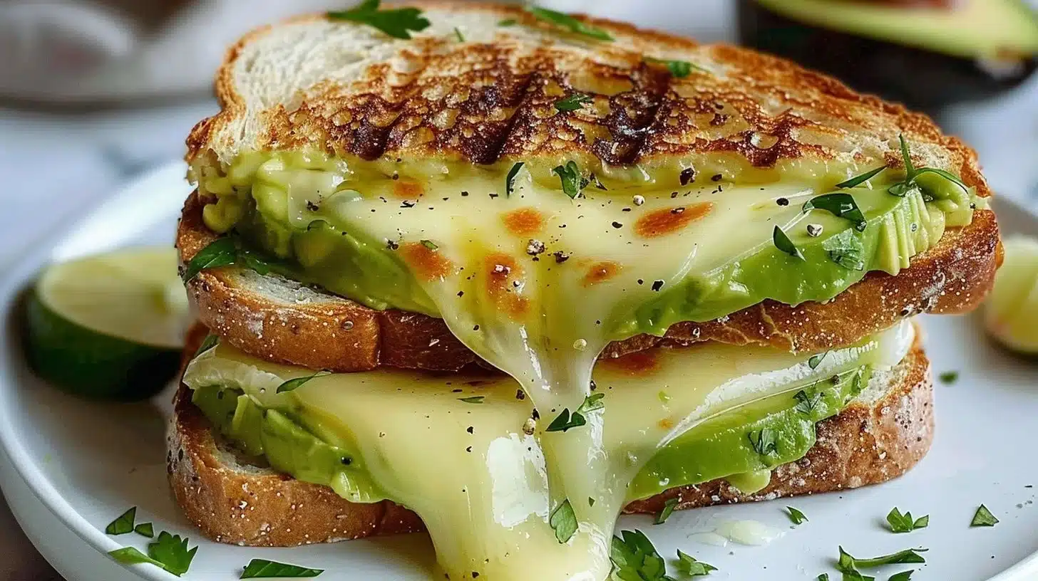 Avocado grilled cheese toast topped with melted cheese and fresh avocado slices.