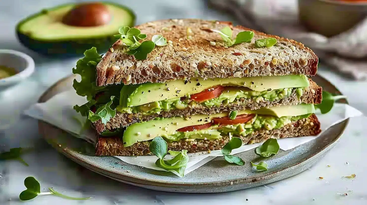 Delicious homemade avocado sandwich with fresh ingredients