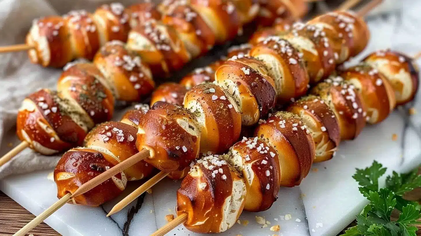 Bavarian Pretzel Skewers served with dipping sauce