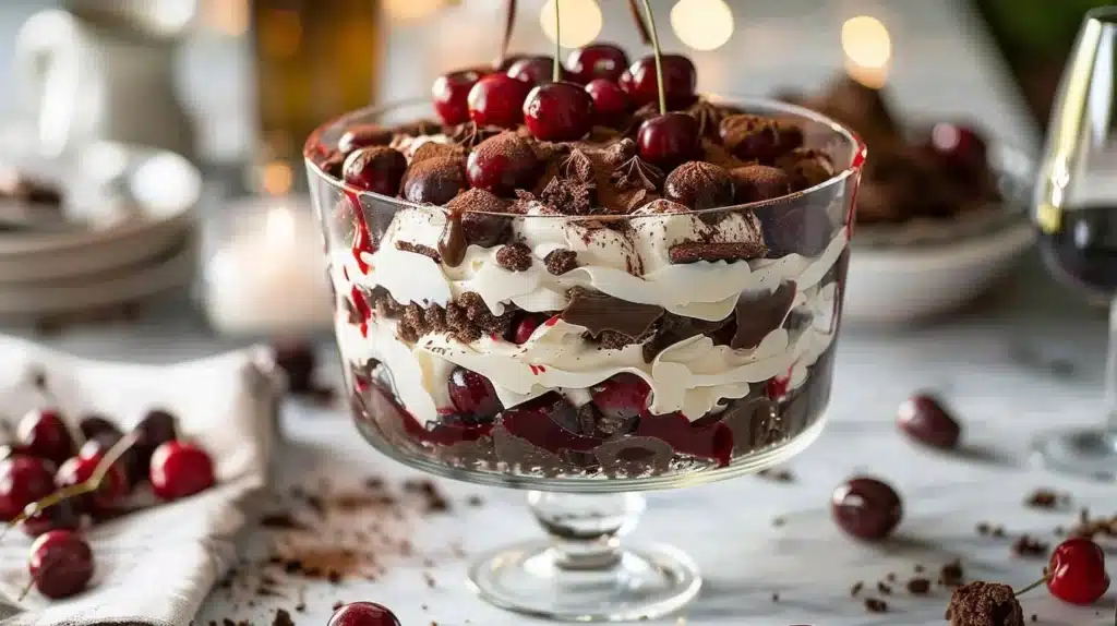 Delicious Black Forest Trifle with layers of chocolate, cherries, and whipped cream