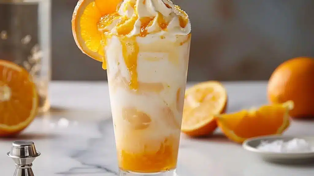 Boozy orange creamsicle float in a glass with a straw and orange slice