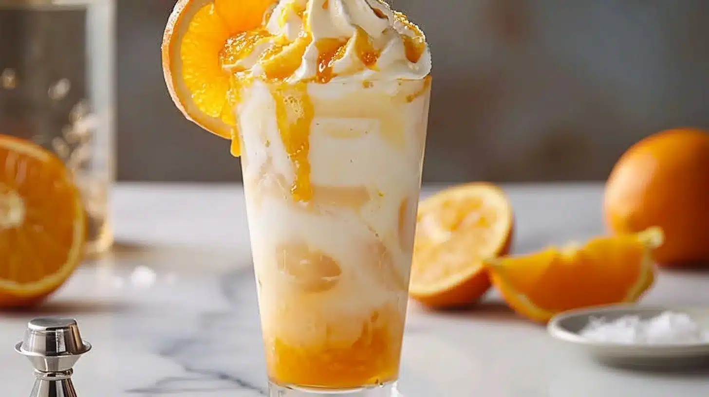 Boozy orange creamsicle float in a glass with a straw and orange slice