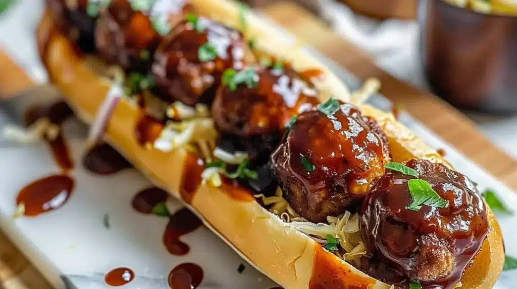 Delicious Bourbon BBQ Meatball Subs served on a platter