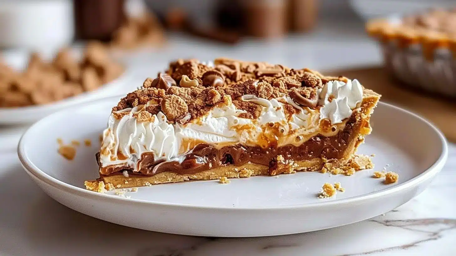 Delicious Butterfinger Pie with chocolate and peanut butter topping