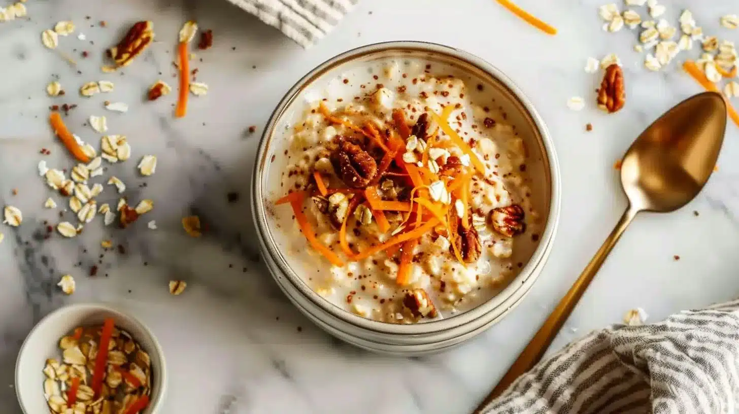Carrot cake protein overnight oats in a bowl topped with nuts and fruits