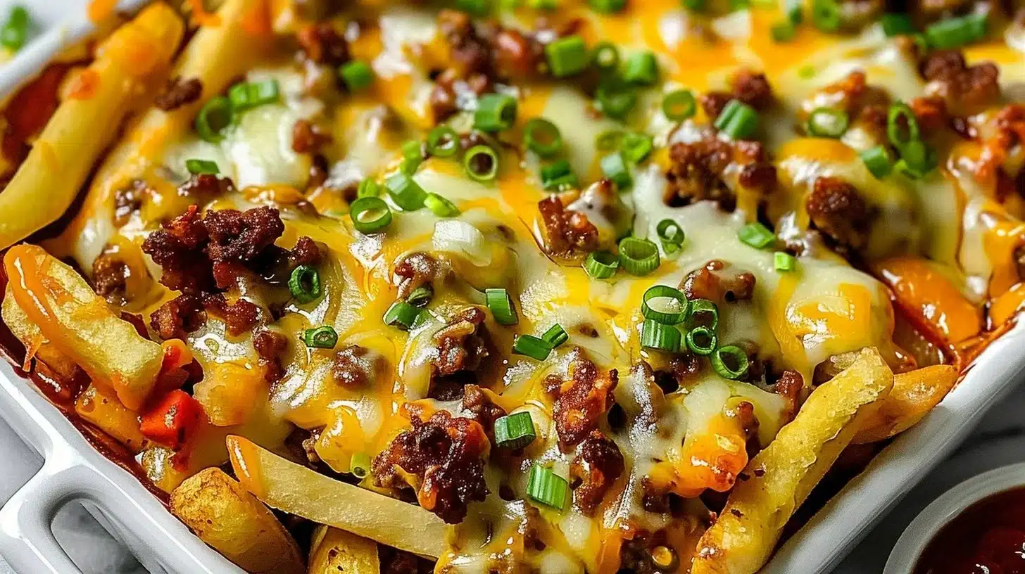 Cheeseburger French Fry Bake with melted cheese and crispy fries.