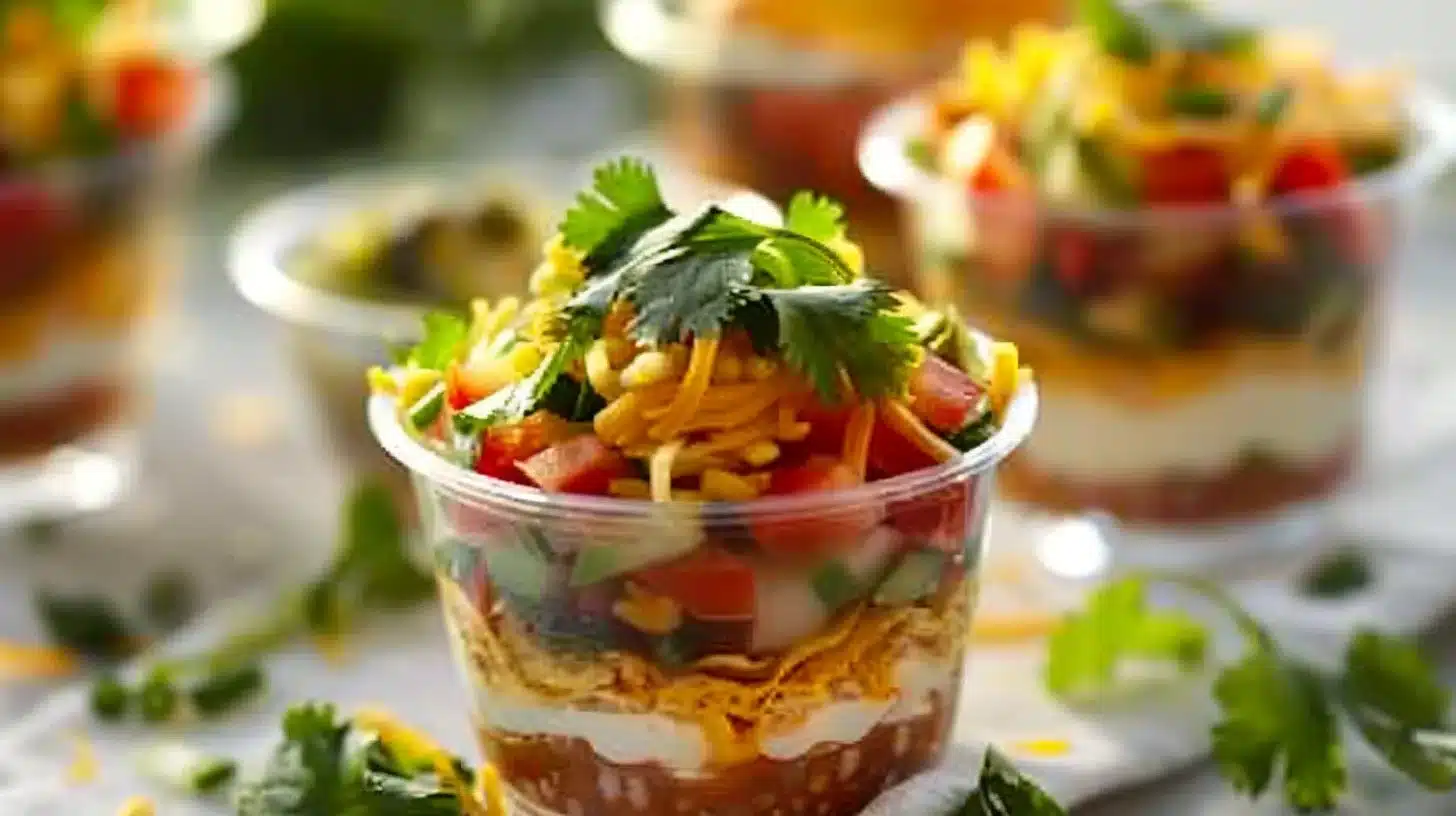 Colorful Cheesy Fiesta 7 Layer Dip Cups ready for a party