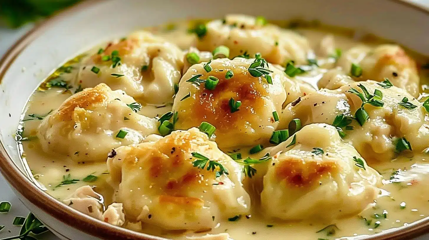 Bowl of homemade chicken and dumplings with fresh herbs and vegetables