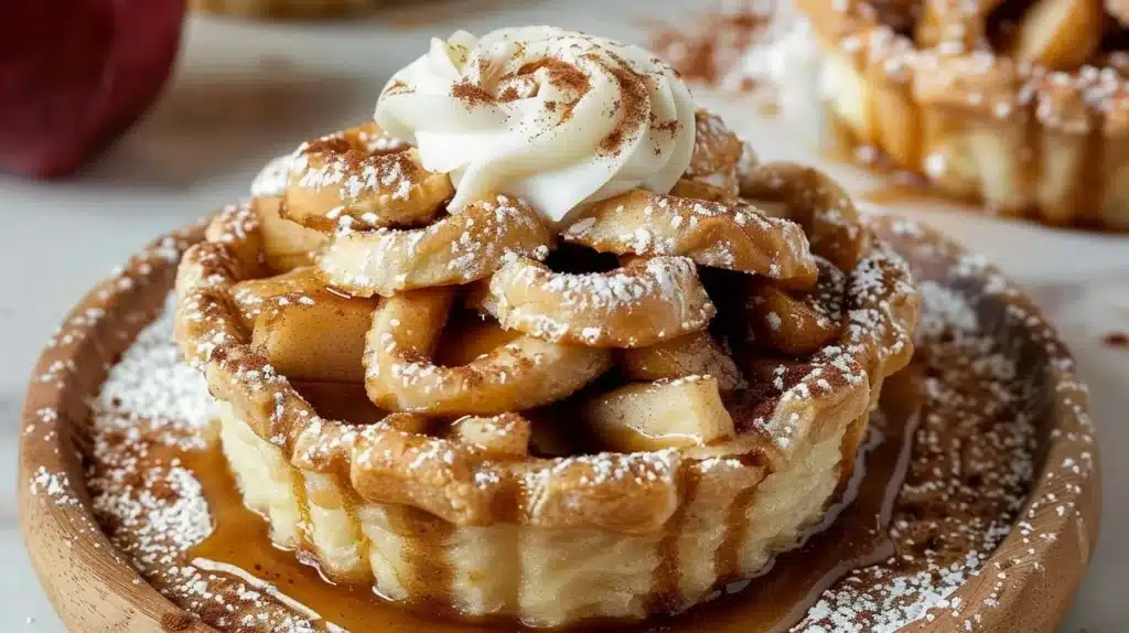 Churro apple pie bowls topped with cinnamon and apples