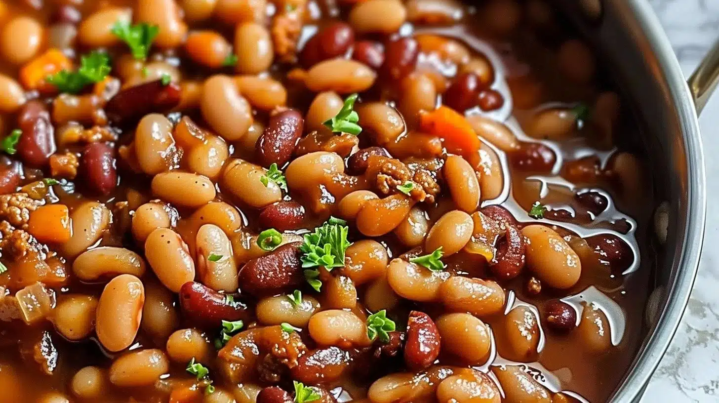 Delicious Cowboy Baked Beans served in a rustic dish.