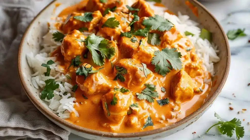 Creamy butternut squash butter chicken served in a bowl with herbs