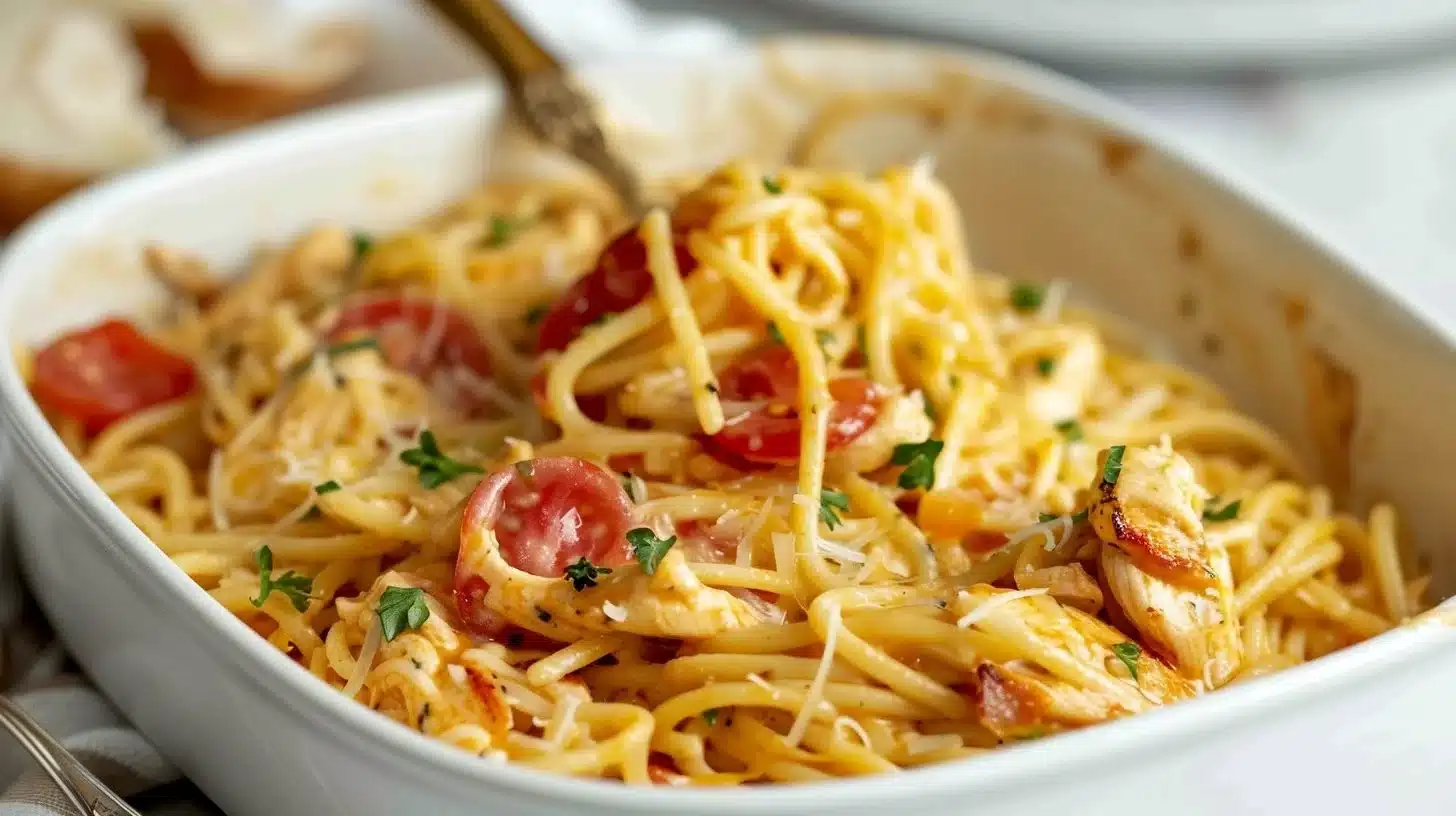 Creamy chicken spaghetti casserole baked to perfection with chicken, pasta, and cheese