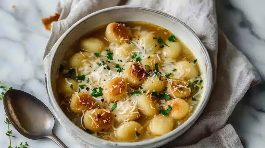 Bowl of creamy gnocchi and onion soup with fresh herbs on top