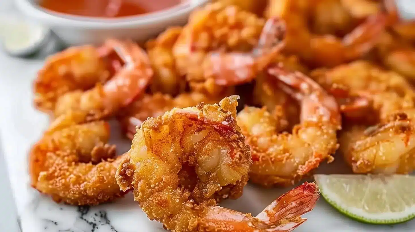 Crispy Fried Shrimp served on a plate with dipping sauce.