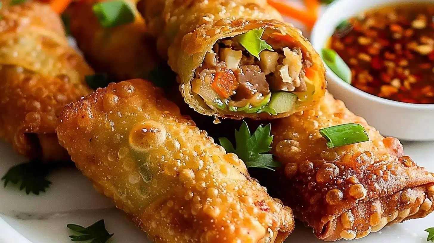 Crispy homemade egg rolls served on a plate with dipping sauce