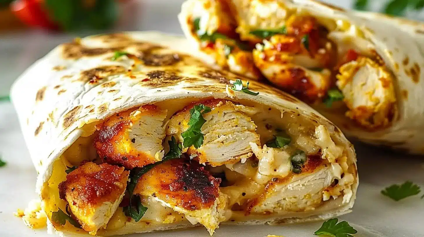 Crispy Parmesan Garlic Chicken Burritos plated with fresh ingredients and garnishes.
