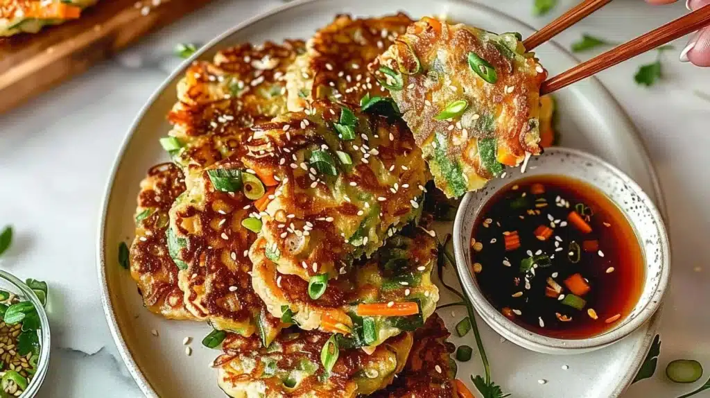 Crispy vegetable pancakes with Asian dipping sauce served on a plate