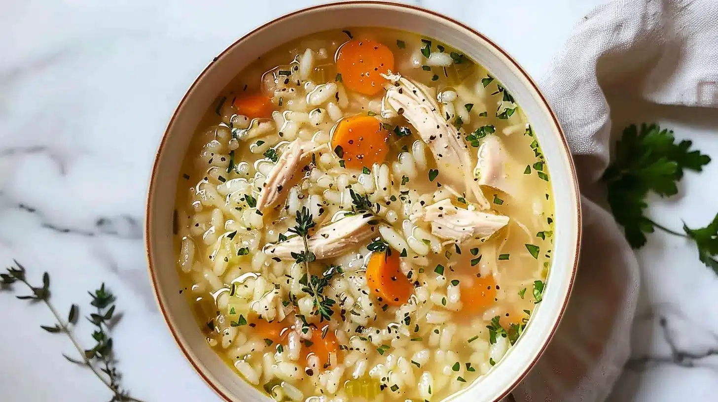 Bowl of hearty Crockpot Chicken Rice Soup with vegetables and herbs
