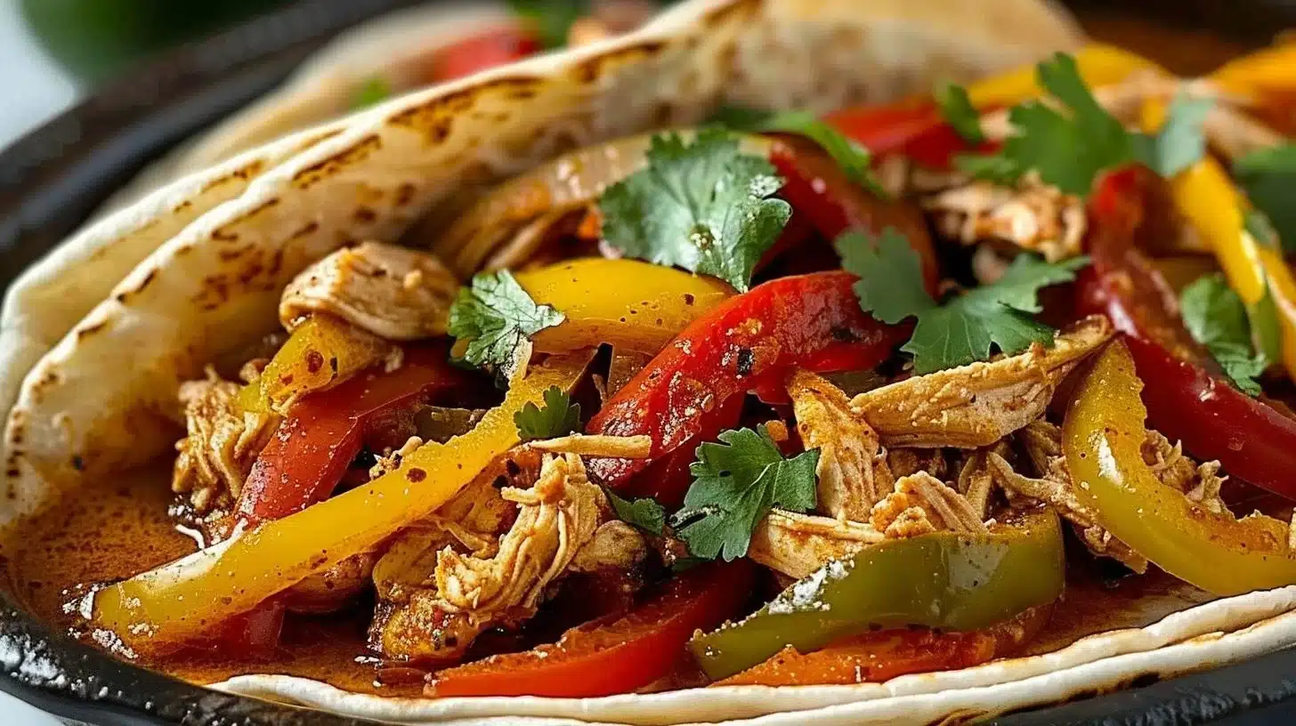 Crockpot Chicken Fajitas with colorful bell peppers and sliced chicken