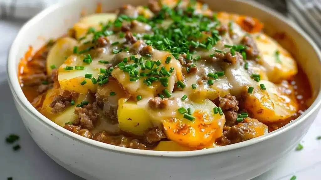 Crockpot Hamburger Potato Casserole served in a dish