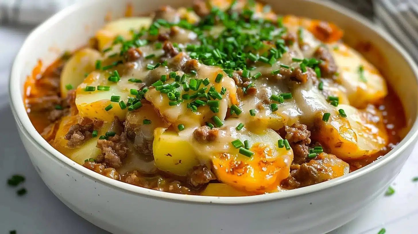 Crockpot Hamburger Potato Casserole served in a dish