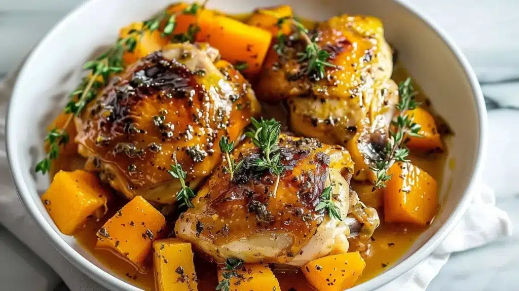 Crockpot Maple Dijon Chicken with Butternut Squash served on a plate