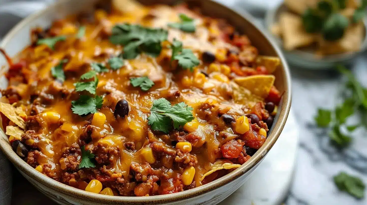 Delicious Crockpot taco casserole topped with cheese and salsa