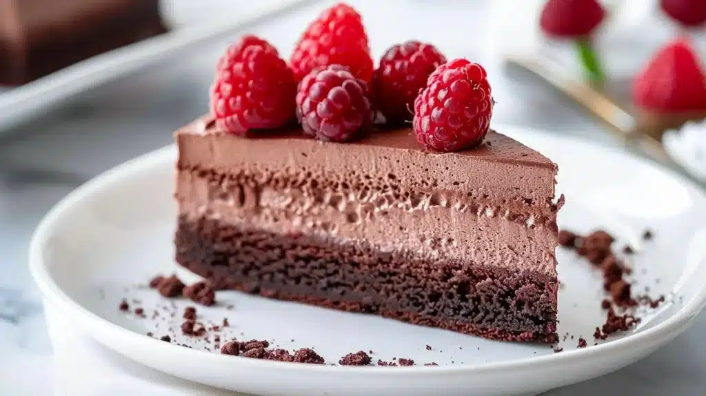 Dark Chocolate Raspberry Mousse Cake with fresh raspberries and cocoa powder decoration