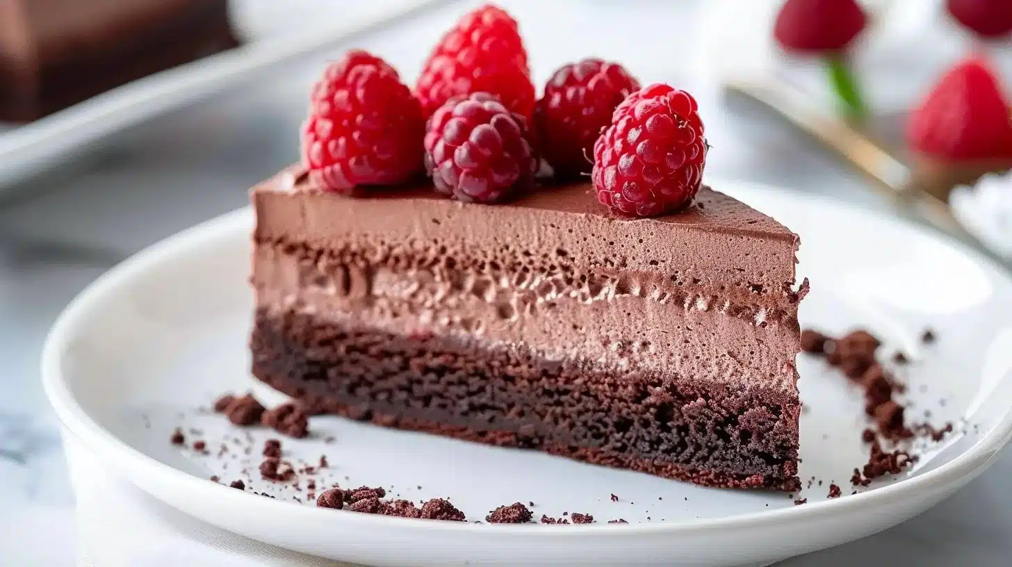 Dark Chocolate Raspberry Mousse Cake with fresh raspberries and cocoa powder decoration
