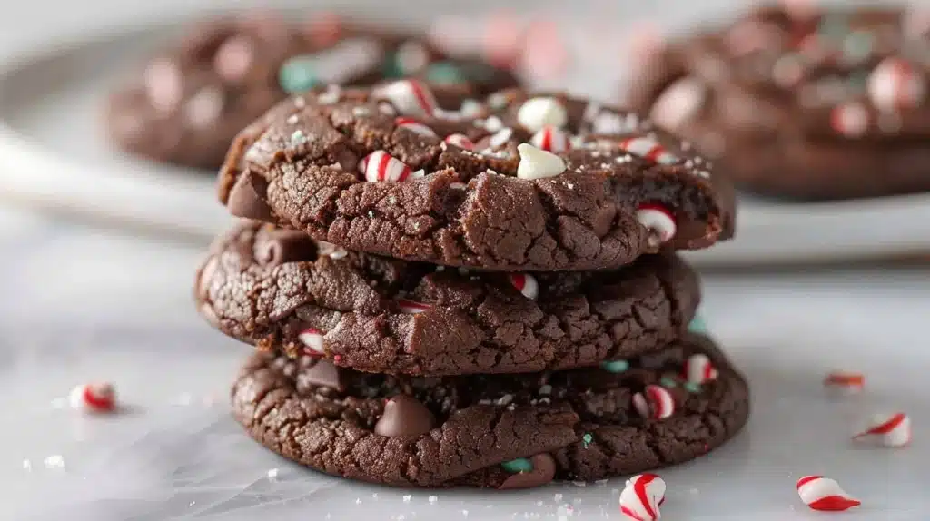 Delicious double chocolate peppermint cookies topped with chocolate chips and sprinkles