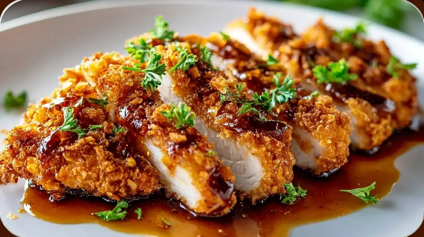 Double Crunch Honey Garlic Chicken Breasts served with a side of vegetables