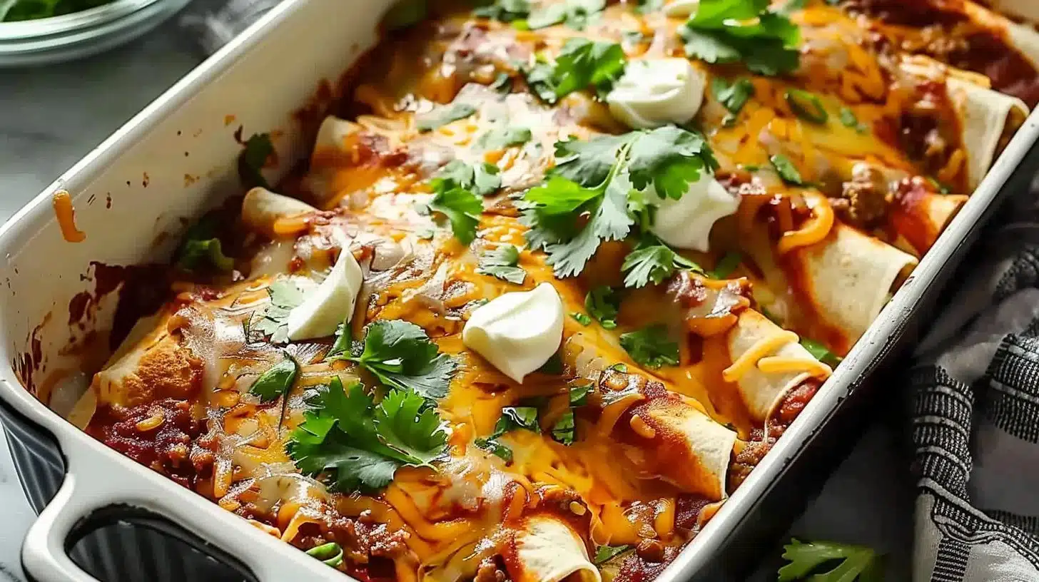Easy cheesy ground beef enchiladas topped with cheese in a baking dish