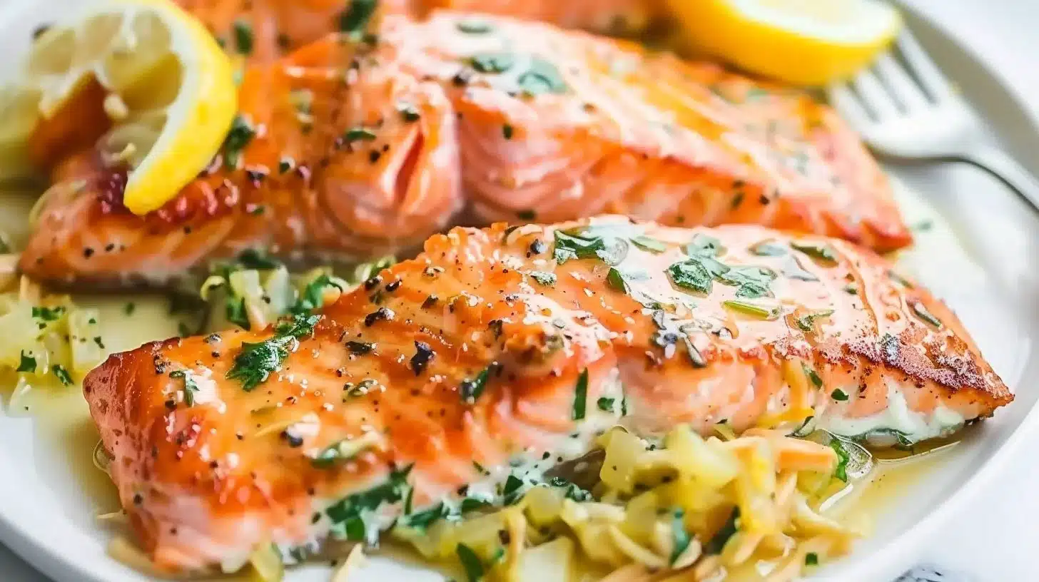 Easy lemon butter salmon dish topped with fresh herbs and lemon slices.